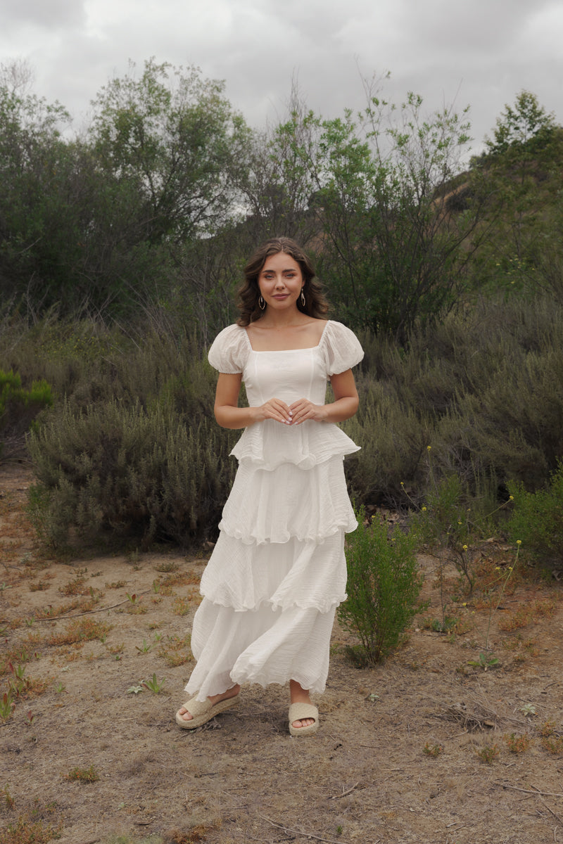 Eden Short Puff Sleeve Tiered Maxi Dress White