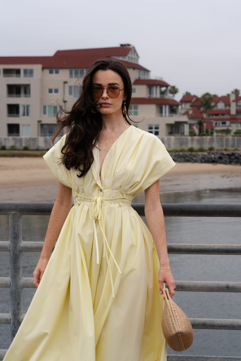 Gloria Short Sleeve Waist Tie Maxi Dress Yellow