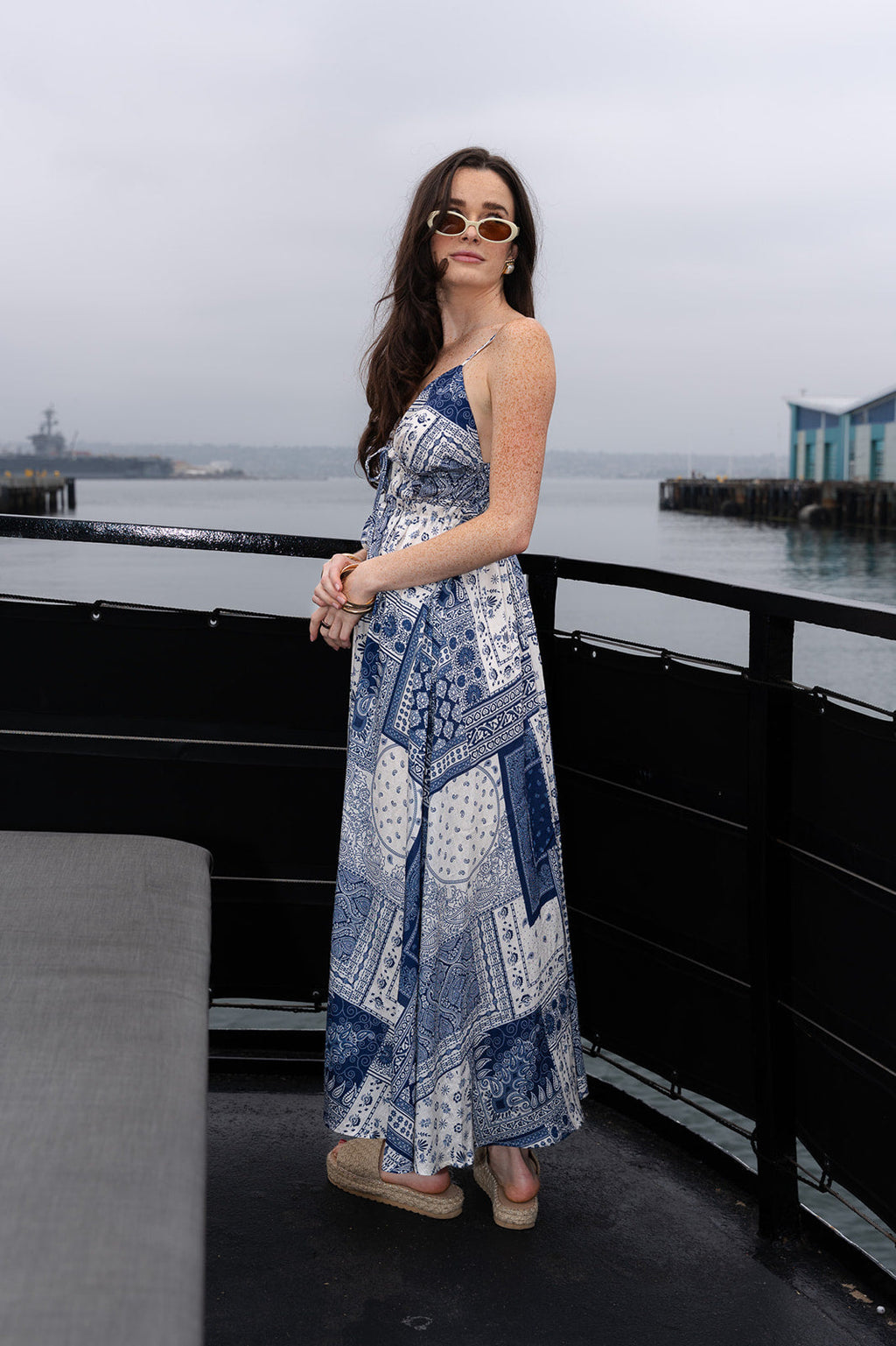 Oriana Sleeveless Patchwork Paisley Print Midi Dress Blue