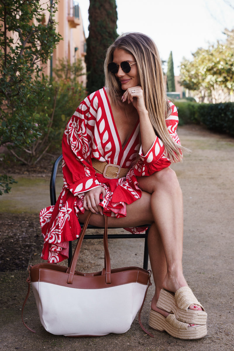 Justine 3/4 Dolman Sleeve Waist Tie Abstract Print Mini Dress Red