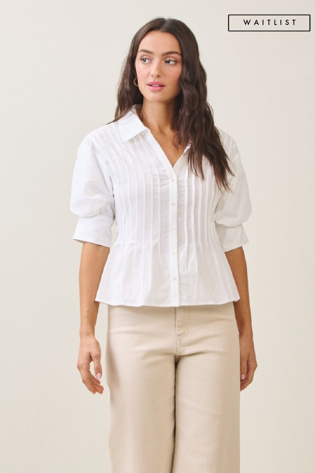 Waitlist 7/1 • Veda Short Puff Sleeve Button Down Pintuck Top Ivory