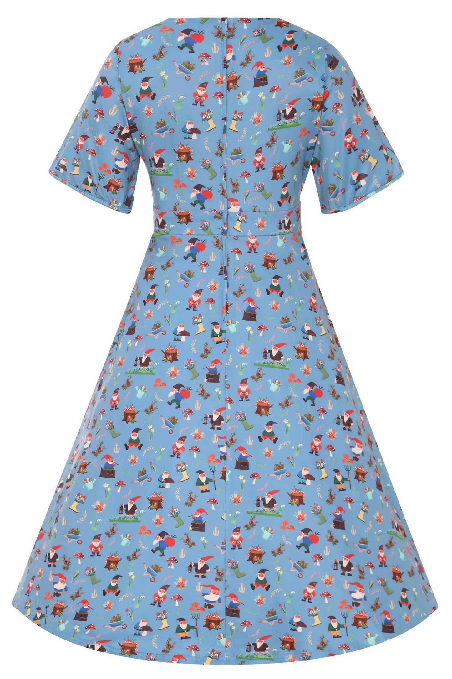 Janice Blue Petal Sleeved Tea Dress in Garden Gnome Print