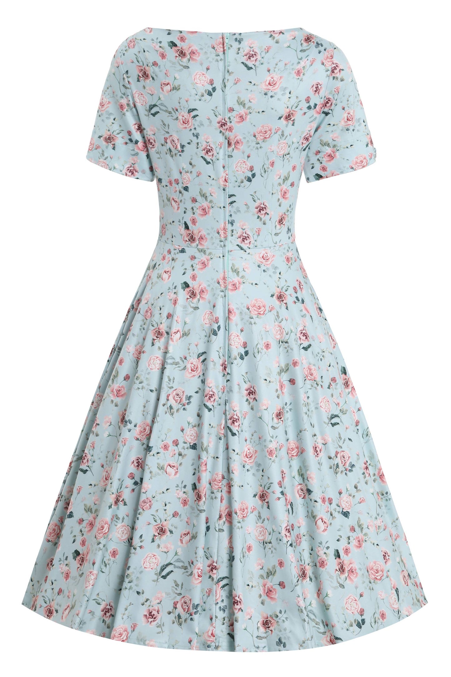 Brenda Pink Rose Flared Dress In Baby Blue