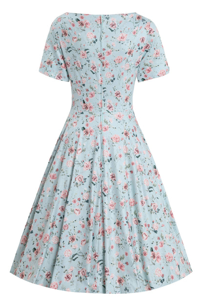 Brenda Pink Rose Flared Dress In Baby Blue