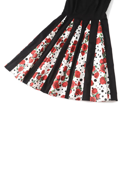 Judith Pleated Black Dress With Retro Roses & Spots