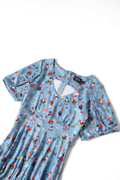 Janice Blue Petal Sleeved Tea Dress in Garden Gnome Print
