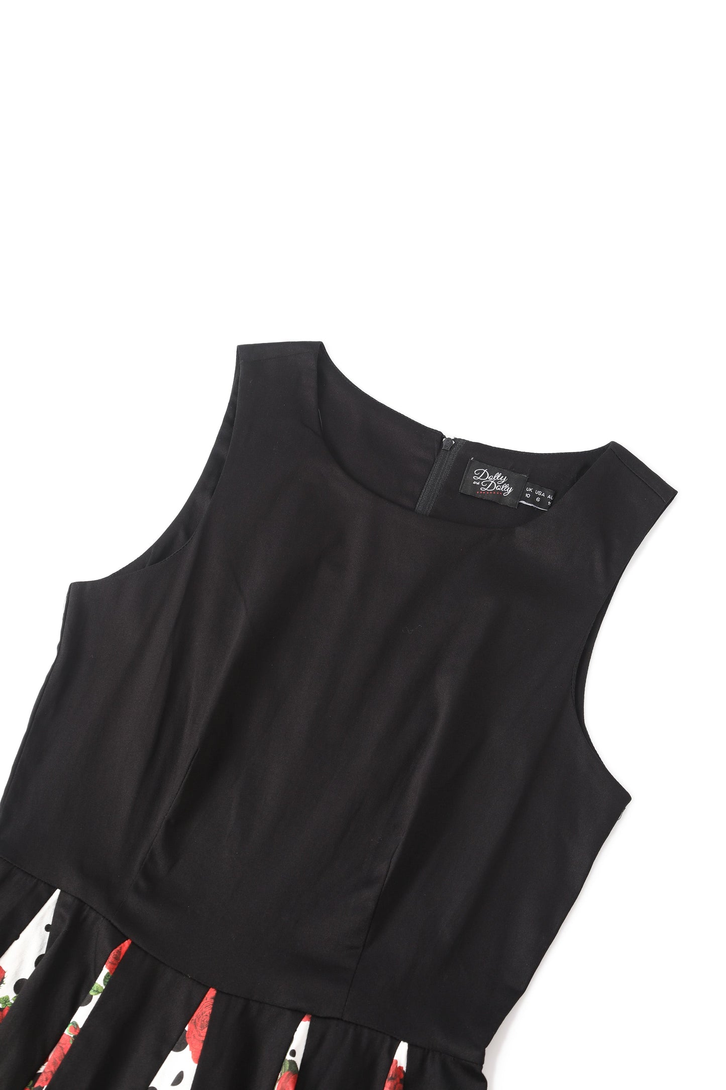 Judith Pleated Black Dress With Retro Roses & Spots