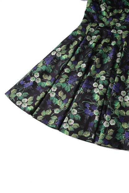 Darlene Off-Shoulder Dress in Black/Purple Berry Leaf Print