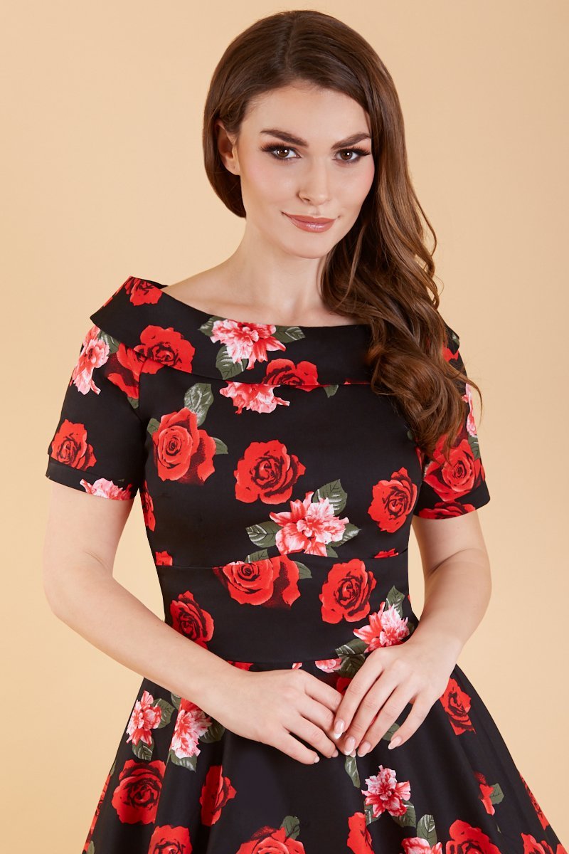 Darlene Vintage Inspired Black Floral Dress