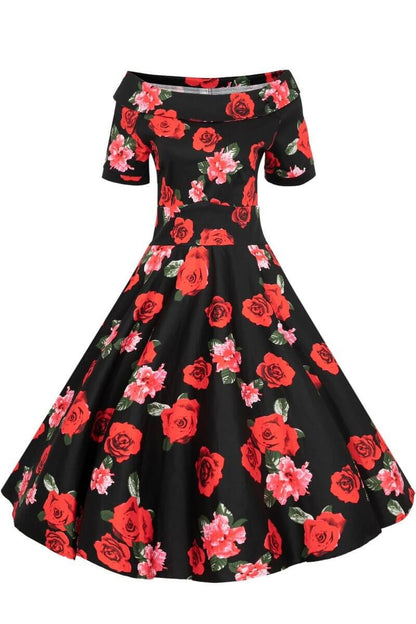 Darlene Vintage Inspired Black Floral Dress