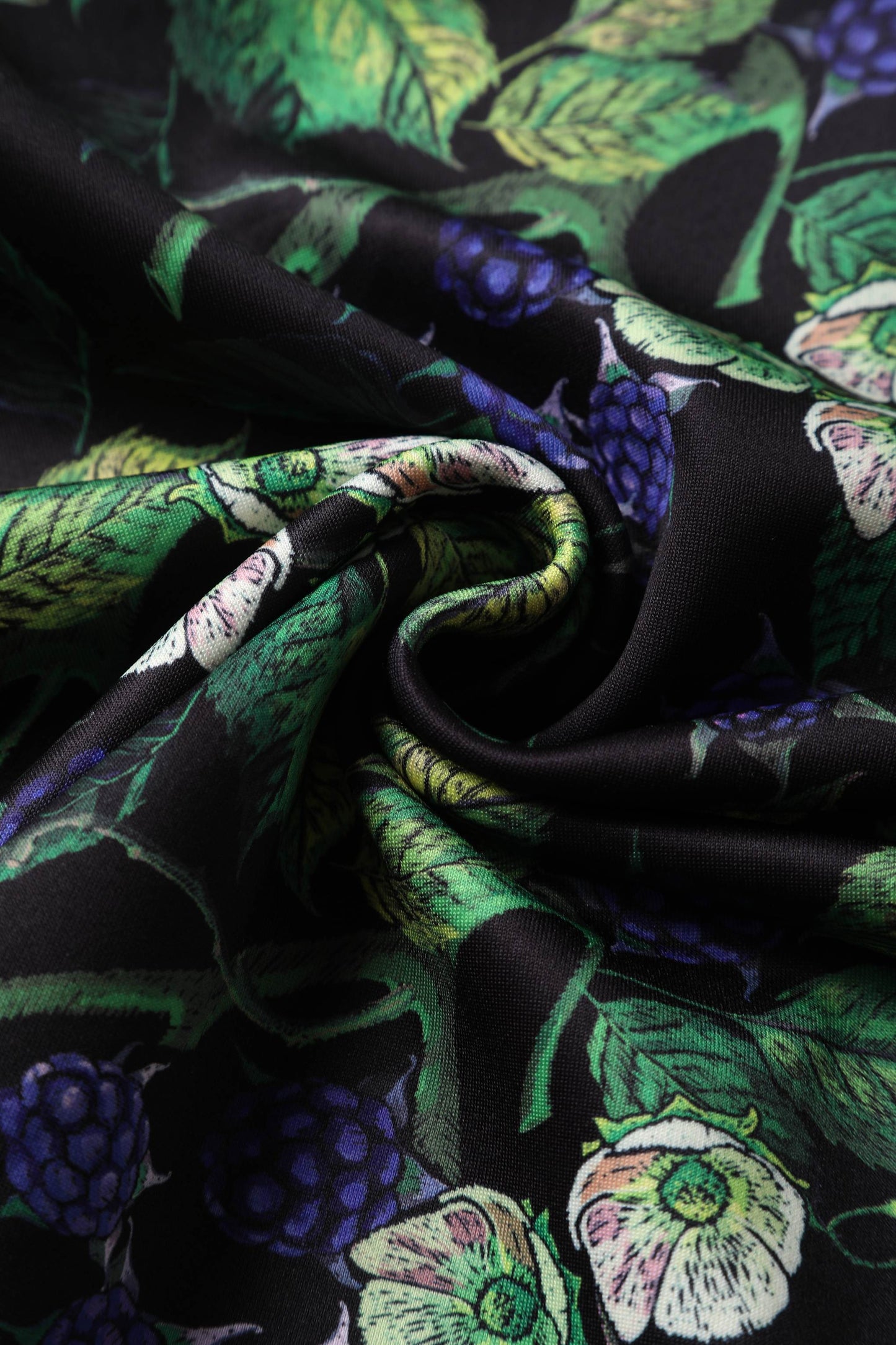 Darlene Off-Shoulder Dress in Black/Purple Berry Leaf Print