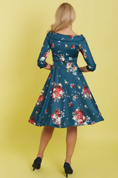 Deborah Flattering Long Sleeved Swing Dress in Blue and Pink Roses