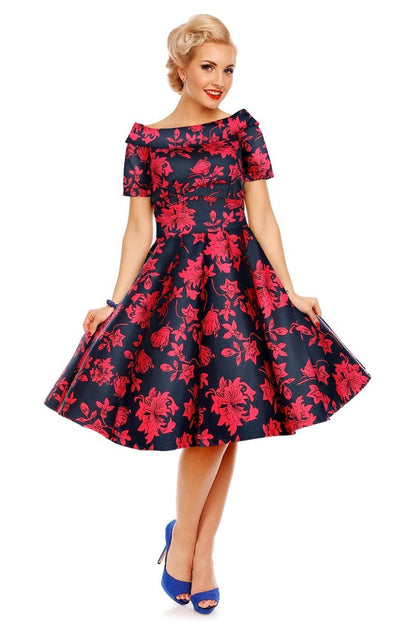 Darlene Floral Roses Swing Dress in Blue-Red