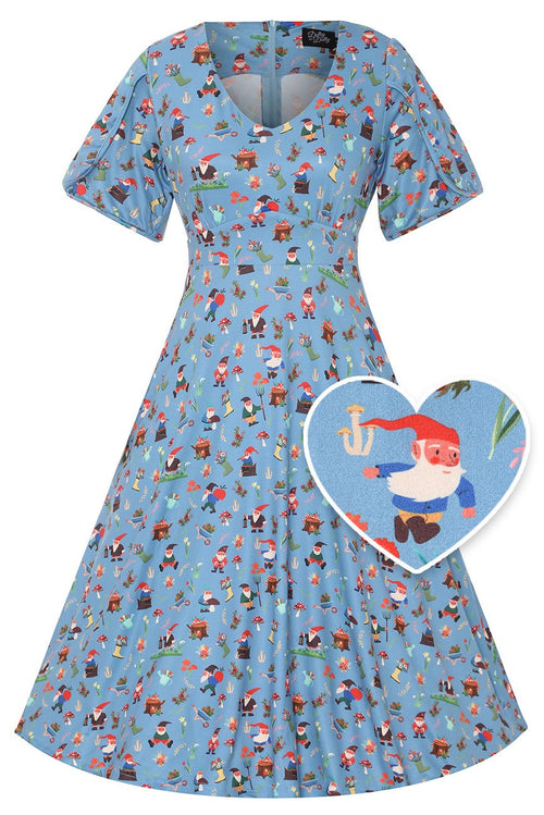 Janice Blue Petal Sleeved Tea Dress in Garden Gnome Print
