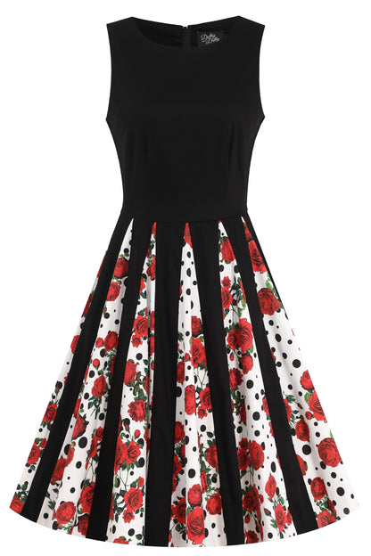 Judith Pleated Black Dress With Retro Roses & Spots