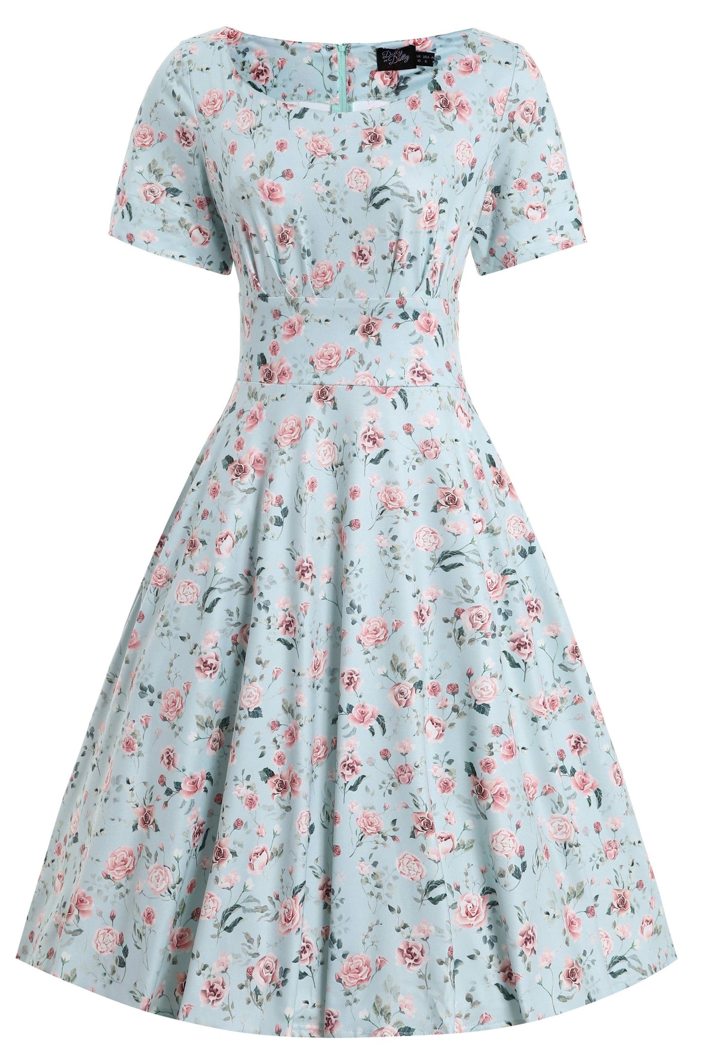 Brenda Pink Rose Flared Dress In Baby Blue