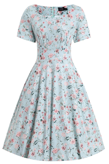 Brenda Pink Rose Flared Dress In Baby Blue