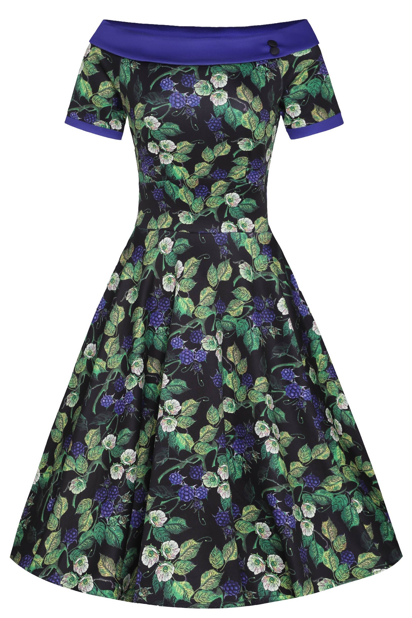 Darlene Off-Shoulder Dress in Black/Purple Berry Leaf Print