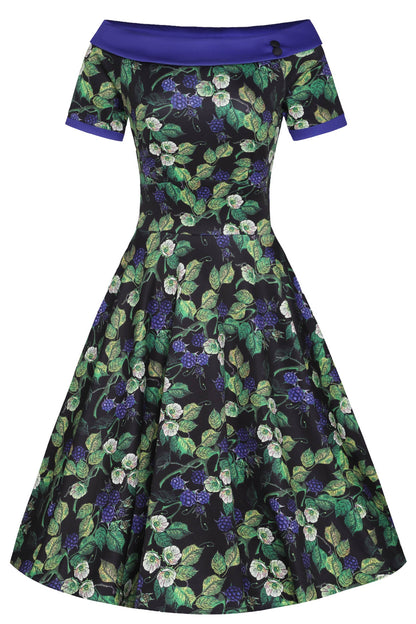 Darlene Off-Shoulder Dress in Black/Purple Berry Leaf Print