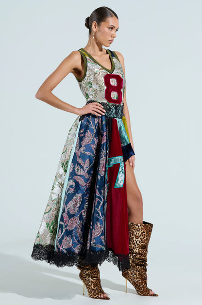 CLEAT CHASER LAYERED JERSEY HIGH LOW DRESS IN BROCADE