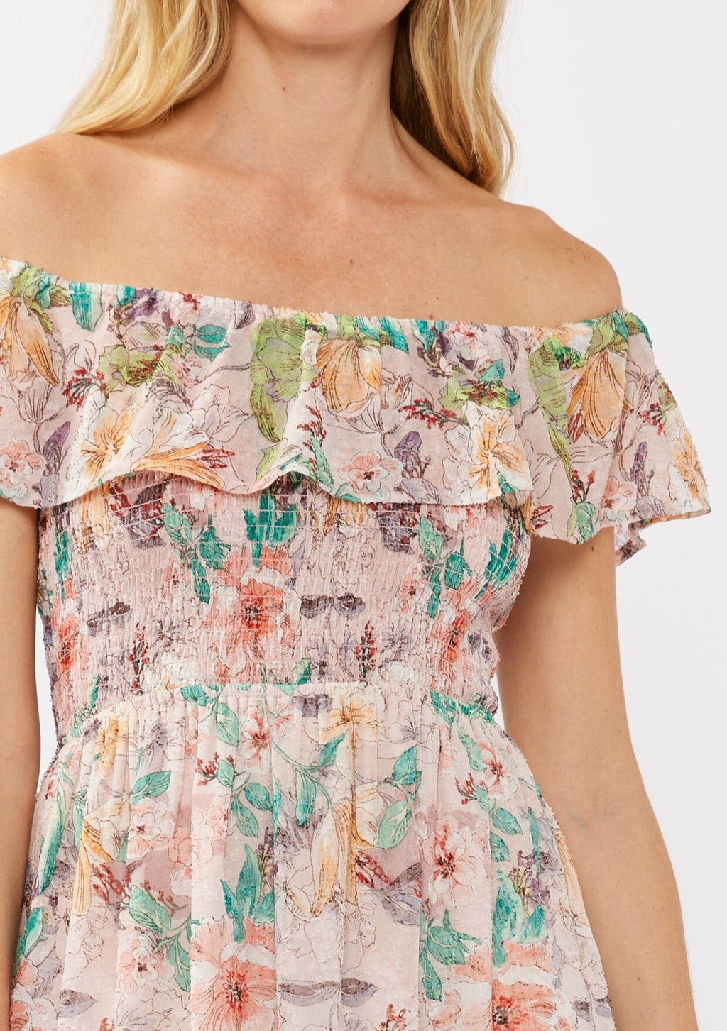 Floral Dust Off Shoulder Midi Dress