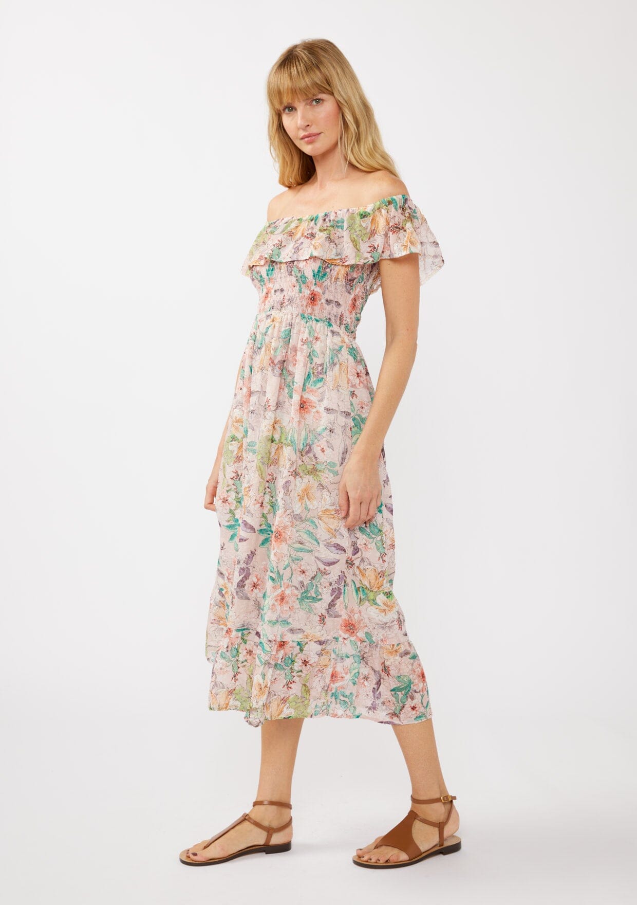 Floral Dust Off Shoulder Midi Dress