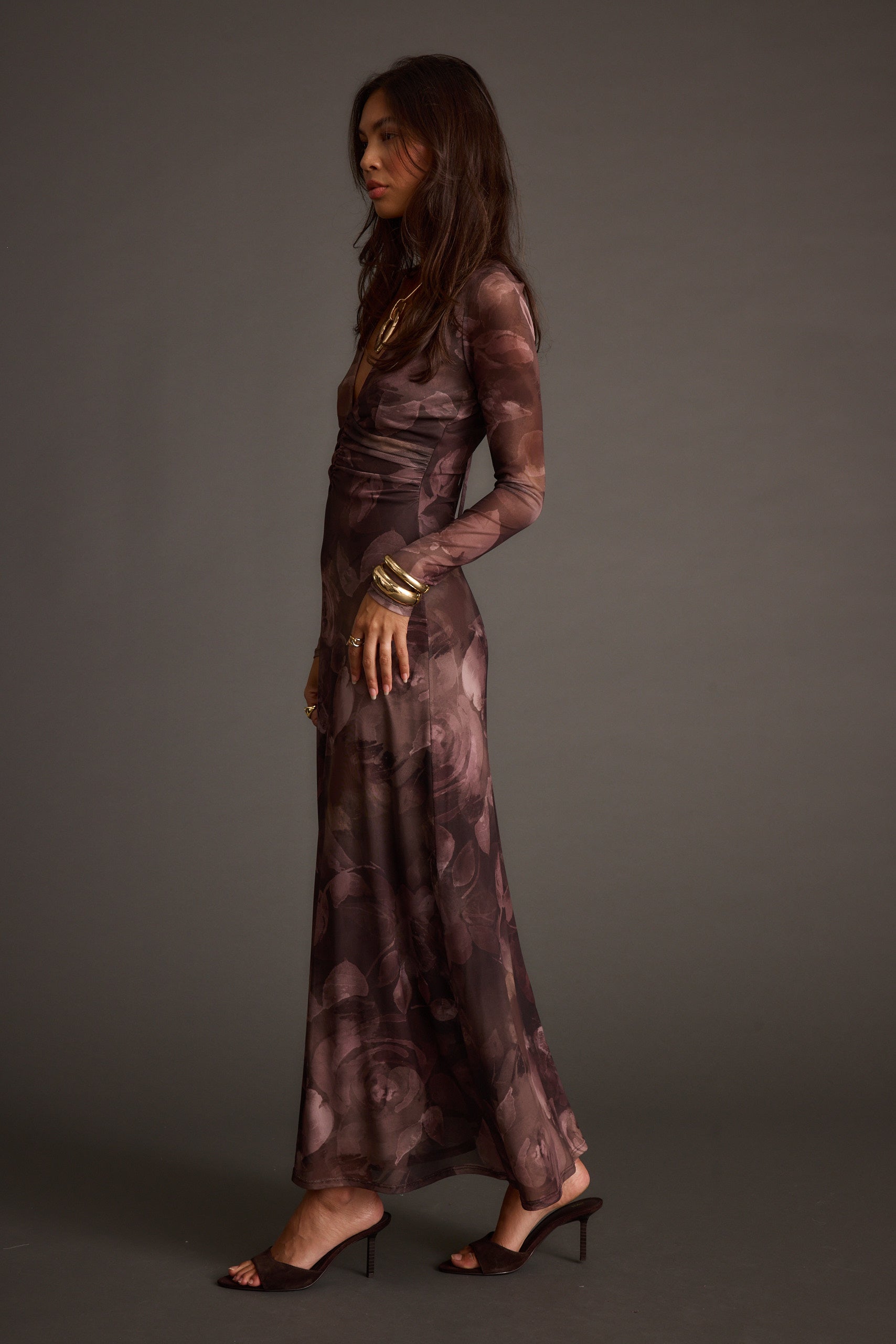 Kristin Plum Blur Mesh Maxi Dress