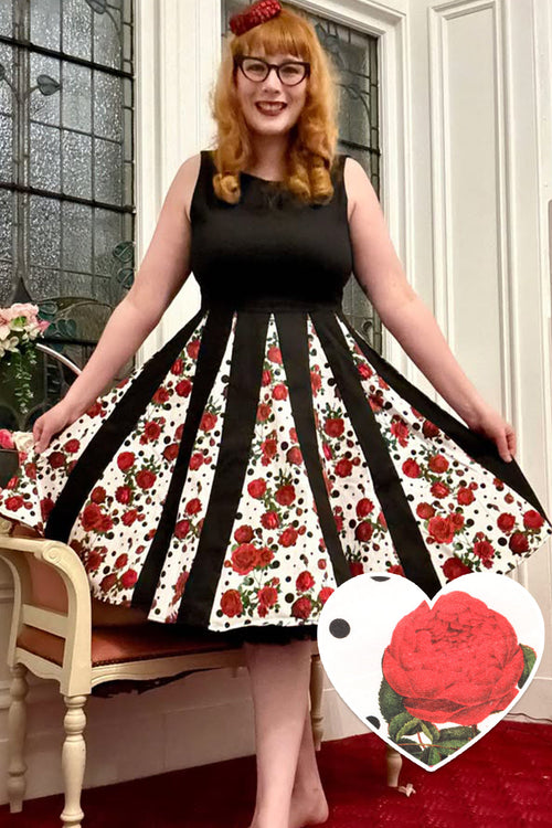 Judith Pleated Black Dress With Retro Roses & Spots