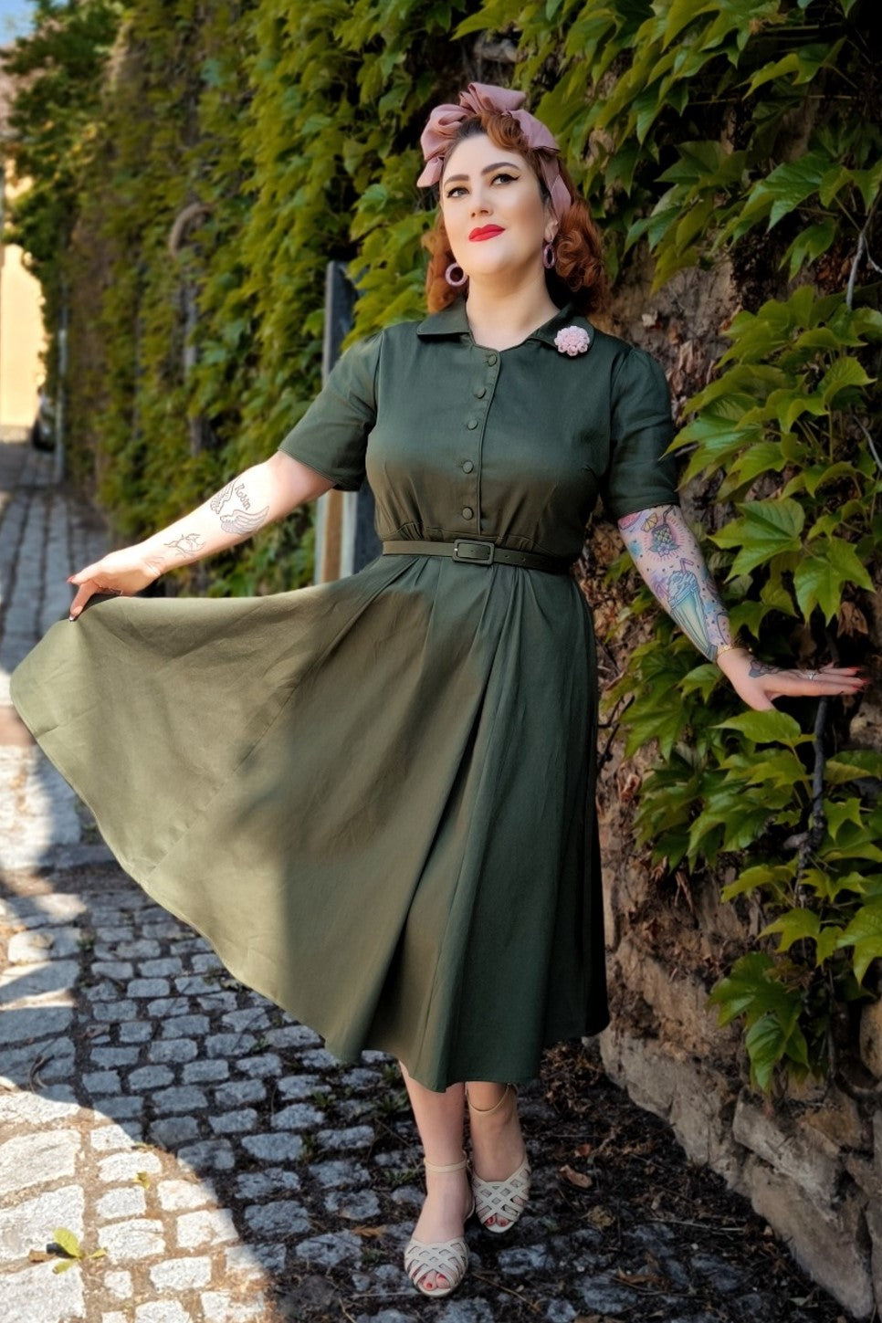 Penelope Retro Army Green Shirt Dress