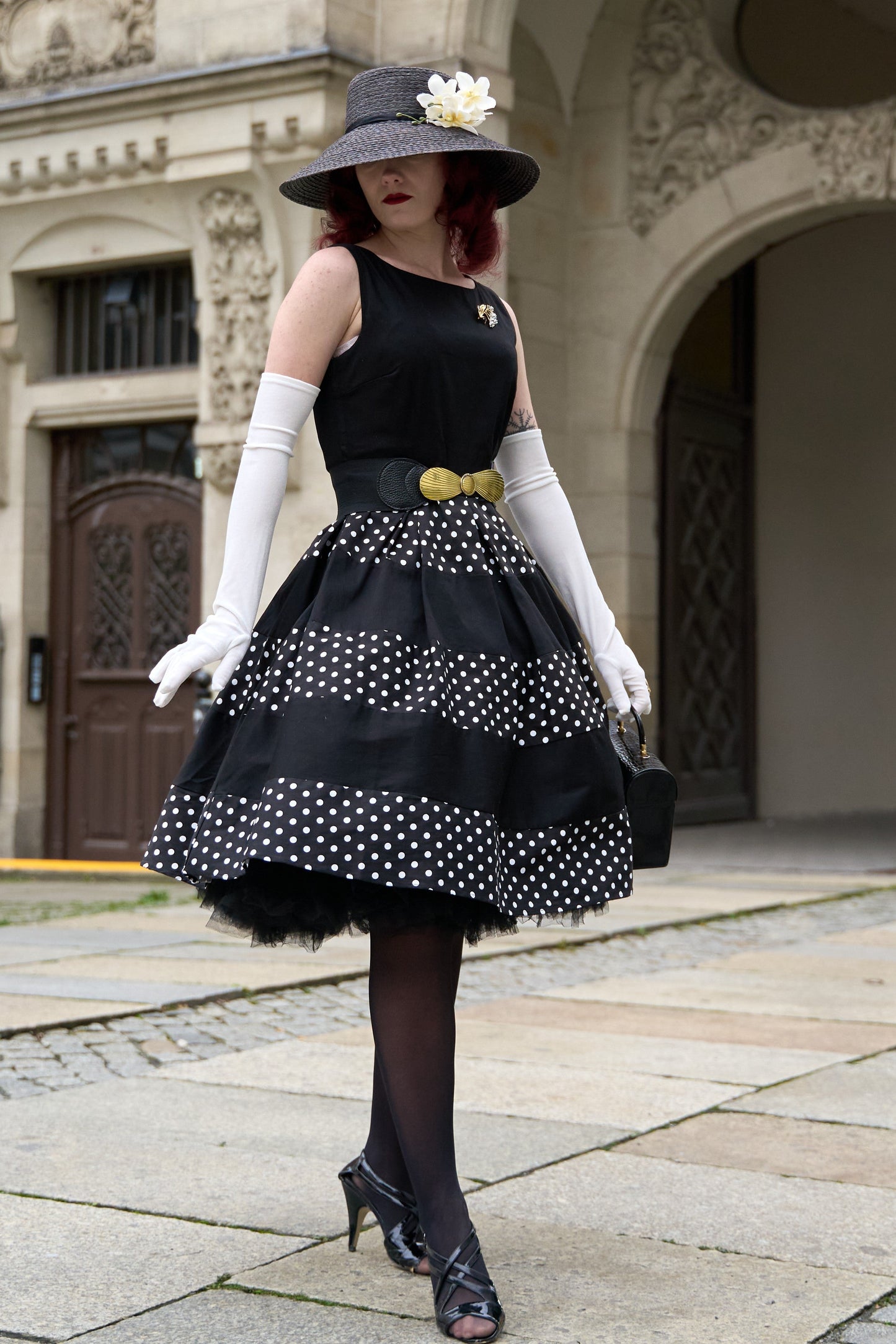 Anna 50s Inspired Swing Dress in Black Polka Dots