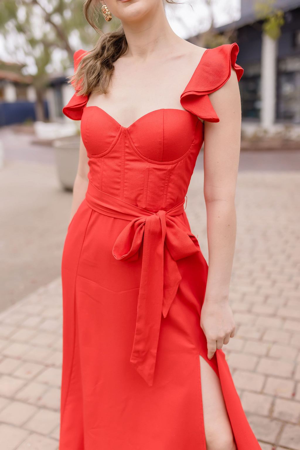 Lizette Flutter Sleeve Waist Tie Maxi Dress Red