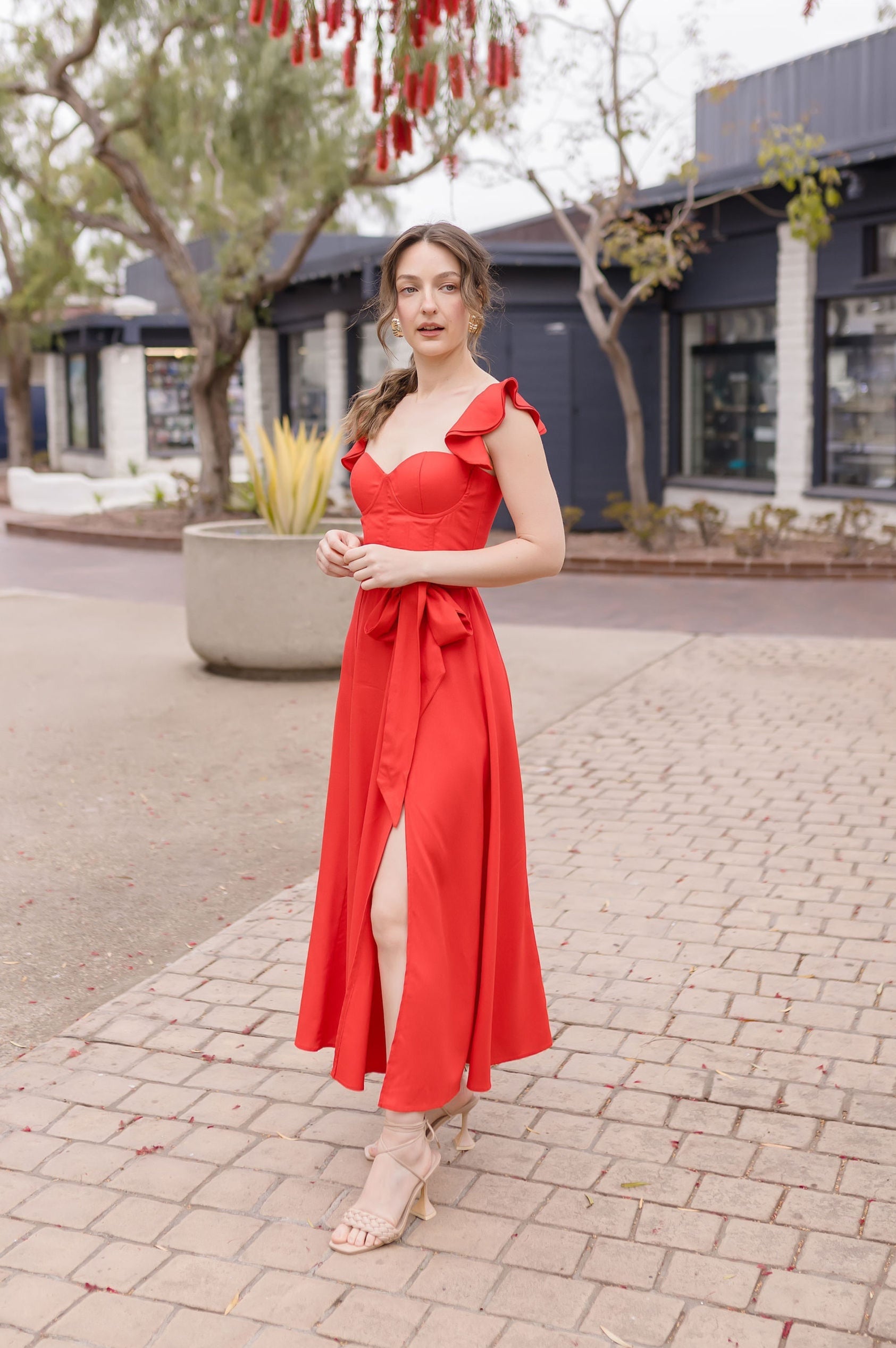 Lizette Flutter Sleeve Waist Tie Maxi Dress Red