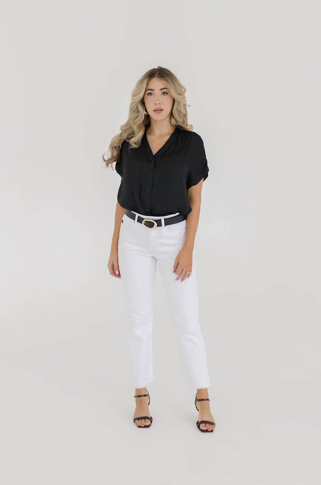 Callie Short Sleeve Button Down Top Black