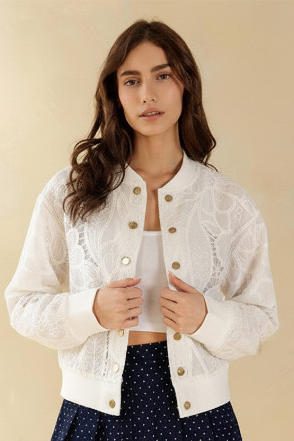 Tida Long Sleeve Floral Lace Bomber Jacket White