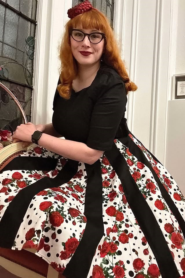 Judith Pleated Black Dress With Retro Roses & Spots