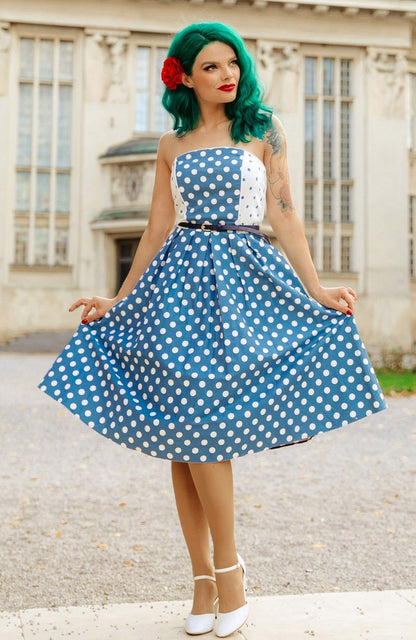 Evie Summer Blue Polka Dot Strapless Dress