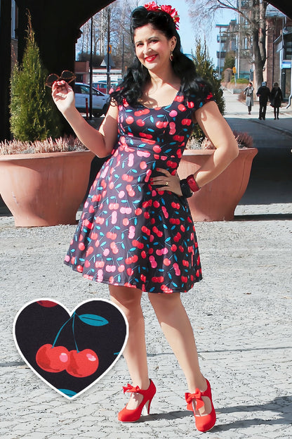 Claudia Cap Sleeved Cherry Skater Dress