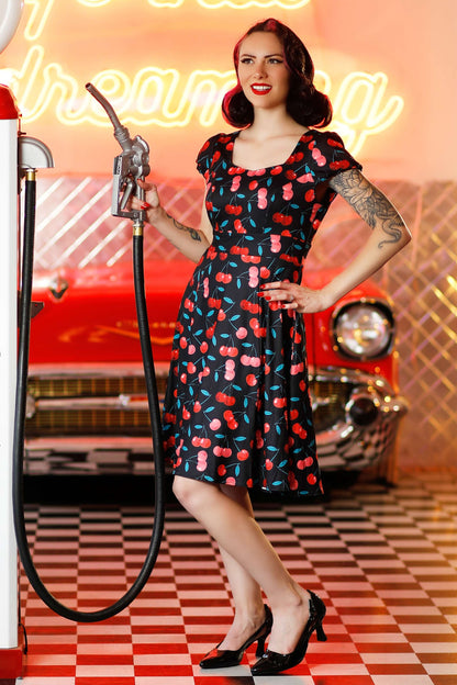 Claudia Cap Sleeved Cherry Skater Dress