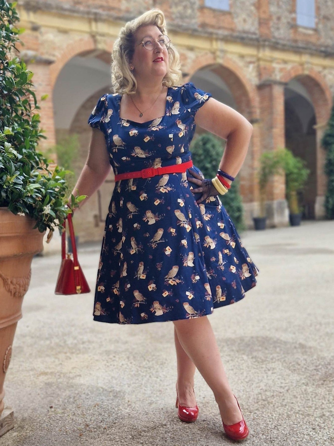 Claudia Short Sleeved Dress In Navy Owl Print