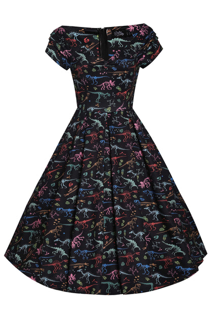 Lily Off Shoulder Circle Dress In Black Dinosaur Fossils