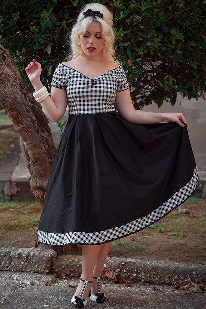 Lily Off Shoulder Black/White Gingham Swing Dress