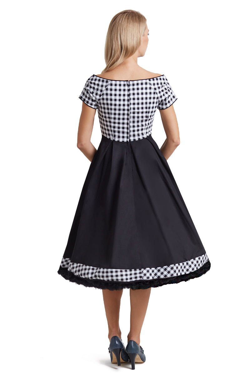 Lily Off Shoulder Black/White Gingham Swing Dress