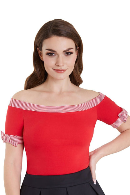Layla Off Shoulder Red Striped Trim Top