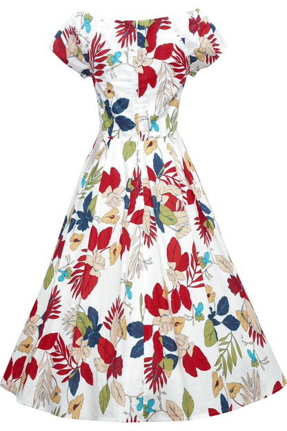 Lily Off Shoulder Tropical Floral Swing Dress In White