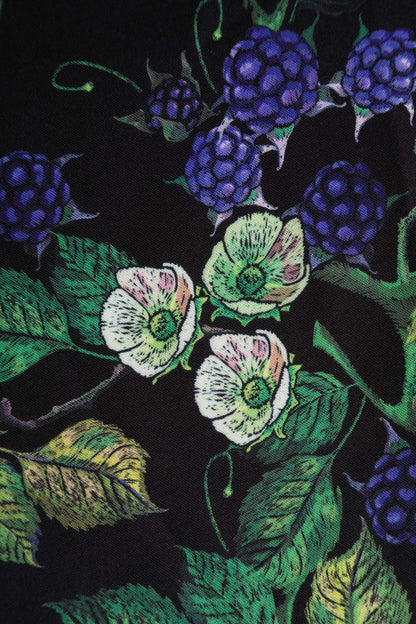 Darlene Off-Shoulder Dress in Black/Purple Berry Leaf Print