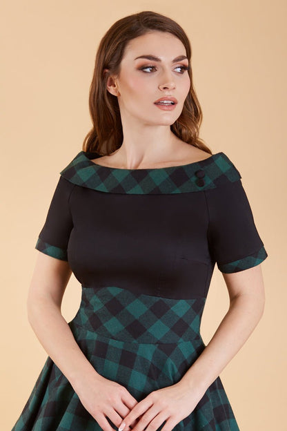Darlene Retro Black & Green Tartan Swing Dress