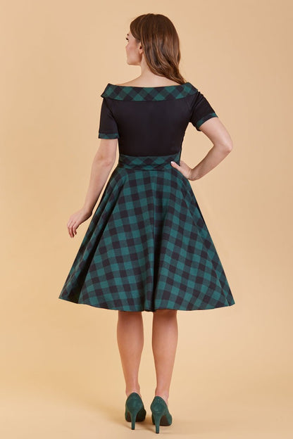 Darlene Retro Black & Green Tartan Swing Dress