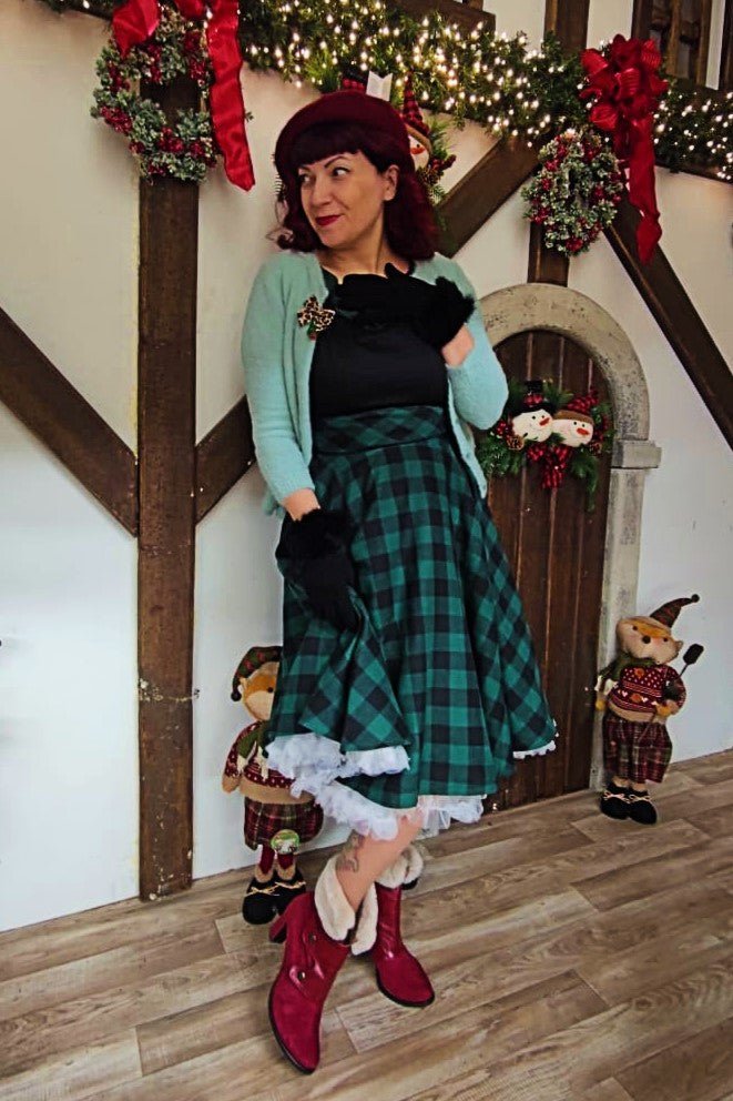 Darlene Retro Black & Green Tartan Swing Dress