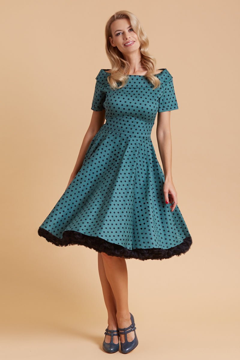 Darlene Retro Polka Dot Swing Dress in Dark Green