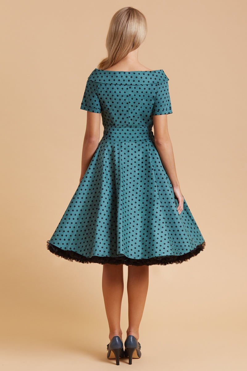 Darlene Retro Polka Dot Swing Dress in Dark Green